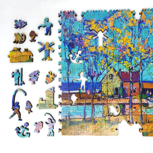 Wooden Jigsaw Puzzle with Uniquely Shaped Pieces for Adults - 255 Pieces - Fishermen's Cottages