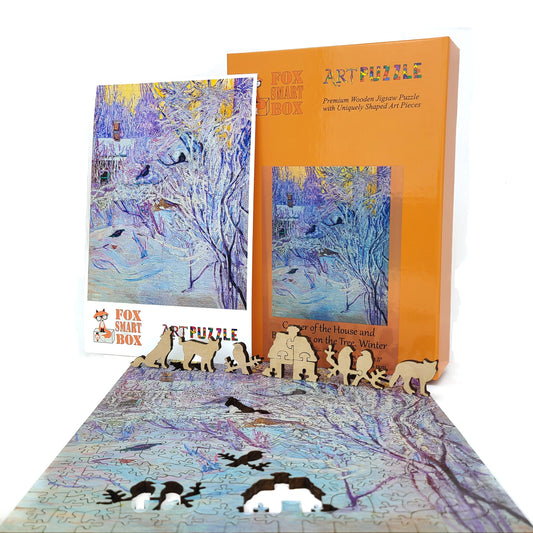 Wooden Jigsaw Puzzle for Adults - Uniquely Shaped Pieces - 190 Pieces - Corner of the House and Bullfinches on the Tree. Winter