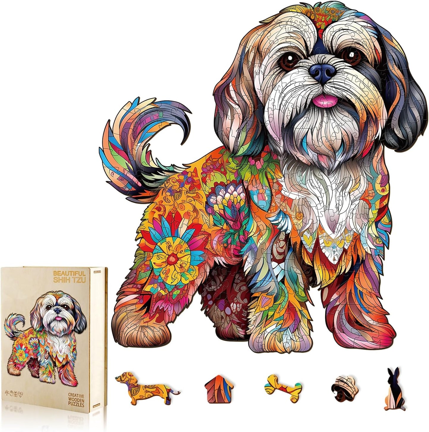 Wooden Puzzles for Adult, Shih Tzu Dog Wooden Jigsaw Puzzle, Unique Wood Shape Cut Puzzle, Best Gifts for Puzzle Lovers (M-10.6 * 11.4in-190pcs)