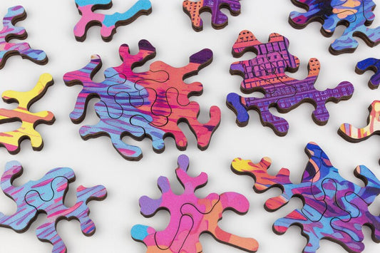 Retro Sunset Wooden Jigsaw Puzzle: Unique Abstract Shapes, Vivid UV Print