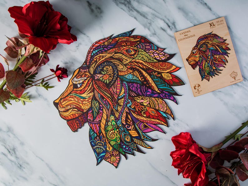Wooden Jigsaw Puzzle XL 300 Piece (15"x15") – Lion Wood Jigsaw Puzzle for Adults Presented in Wooden Gift Box by The Puzzled Tree