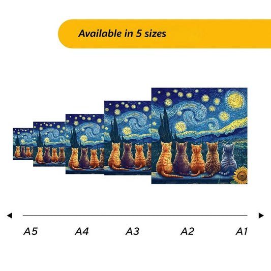 Wooden Puzzle Van Gogh Cats – Unique Starry Night Art Jigsaw, Handmade Cat Puzzle Decor, Gift for Puzzle Lovers