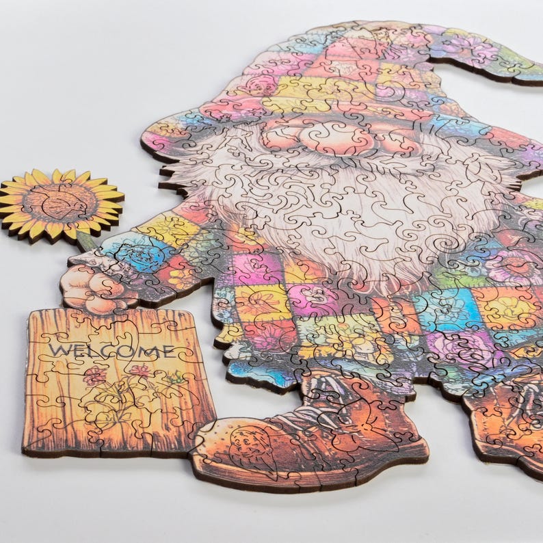 Garden Gnomes Wooden Jigsaw Puzzle for Adults - Unique Shaped Folk Art - 200 Pieces Colorful Summer Decor Self-care Gift - Premium Wood Box