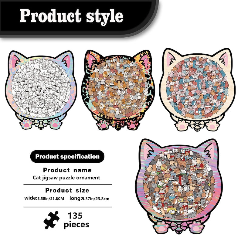 Wooden Cat Puzzle for Adults & Kids, 135PCS Cute Animal Jigsaw Gift, Cat-Shaped Wooden Puzzle, Unique Gift for Cat Lovers, Stress Relief Toy