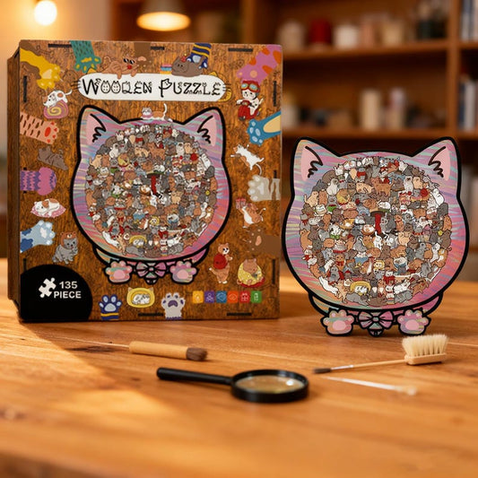 Wooden Cat Puzzle for Adults & Kids, 135PCS Cute Animal Jigsaw Gift, Cat-Shaped Wooden Puzzle, Unique Gift for Cat Lovers, Stress Relief Toy