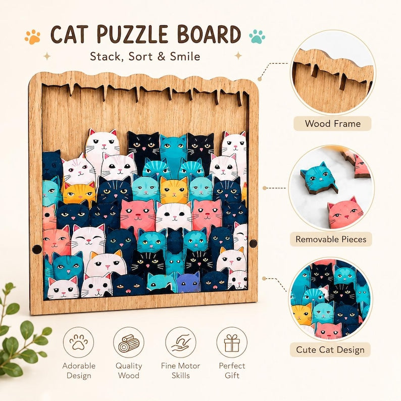 Wooden Cat Jigsaw Puzzle, Colorful Kitty, 62 Pieces, Whimsical Animal Game