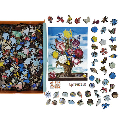 Large Format Wooden Jigsaw Puzzle with Uniquely Shaped Pieces for Seniors and Adults - 240 Pieces - Bouquet of Flowers on a Ledge