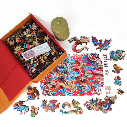 Wooden Jigsaw Puzzle with Uniquely Shaped Pieces for Adults - 290 Pieces - Mystery of The Golden Dragon