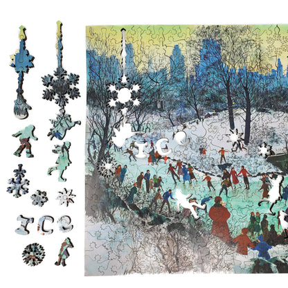 Wooden Jigsaw Puzzle with Uniquely Shaped Pieces for Adults - 370 Pieces - Skating in Central Park