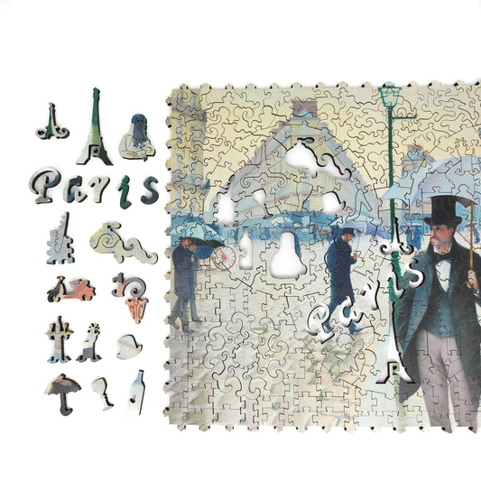Wooden Jigsaw Puzzle with Uniquely Shaped Pieces for Adults - 295 Pieces - Paris Street; Rainy Day