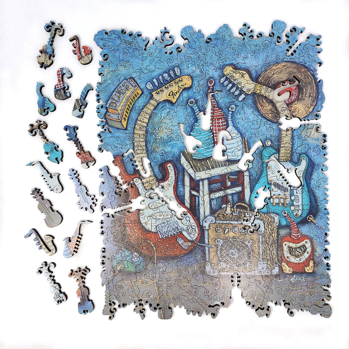 Wooden Jigsaw Puzzle with Uniquely Shaped Pieces for Adults - 212 Pieces - Blue Bottle Blues
