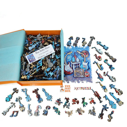 Wooden Jigsaw Puzzle with Uniquely Shaped Pieces for Adults - 212 Pieces - Blue Bottle Blues