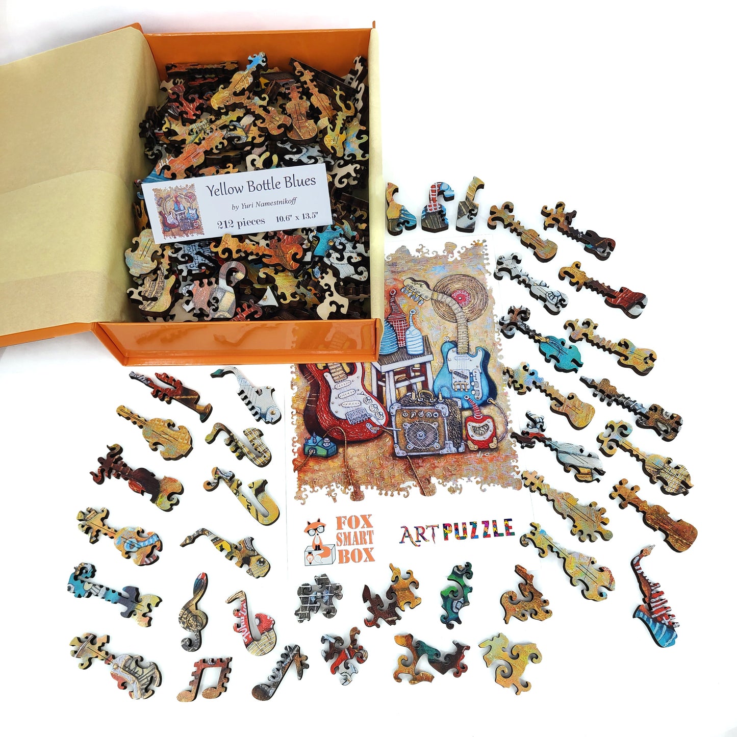 Wooden Jigsaw Puzzle with Uniquely Shaped Pieces for Adults - 212 Pieces - Yellow Bottle Blues