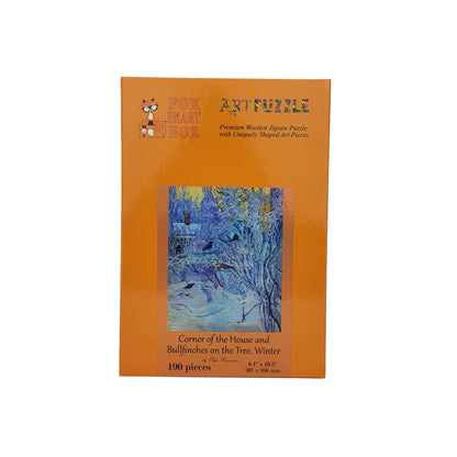 Wooden Jigsaw Puzzle for Adults - Uniquely Shaped Pieces  - 190 Pieces - Corner of the House and Bullfinches on the Tree. Winter
