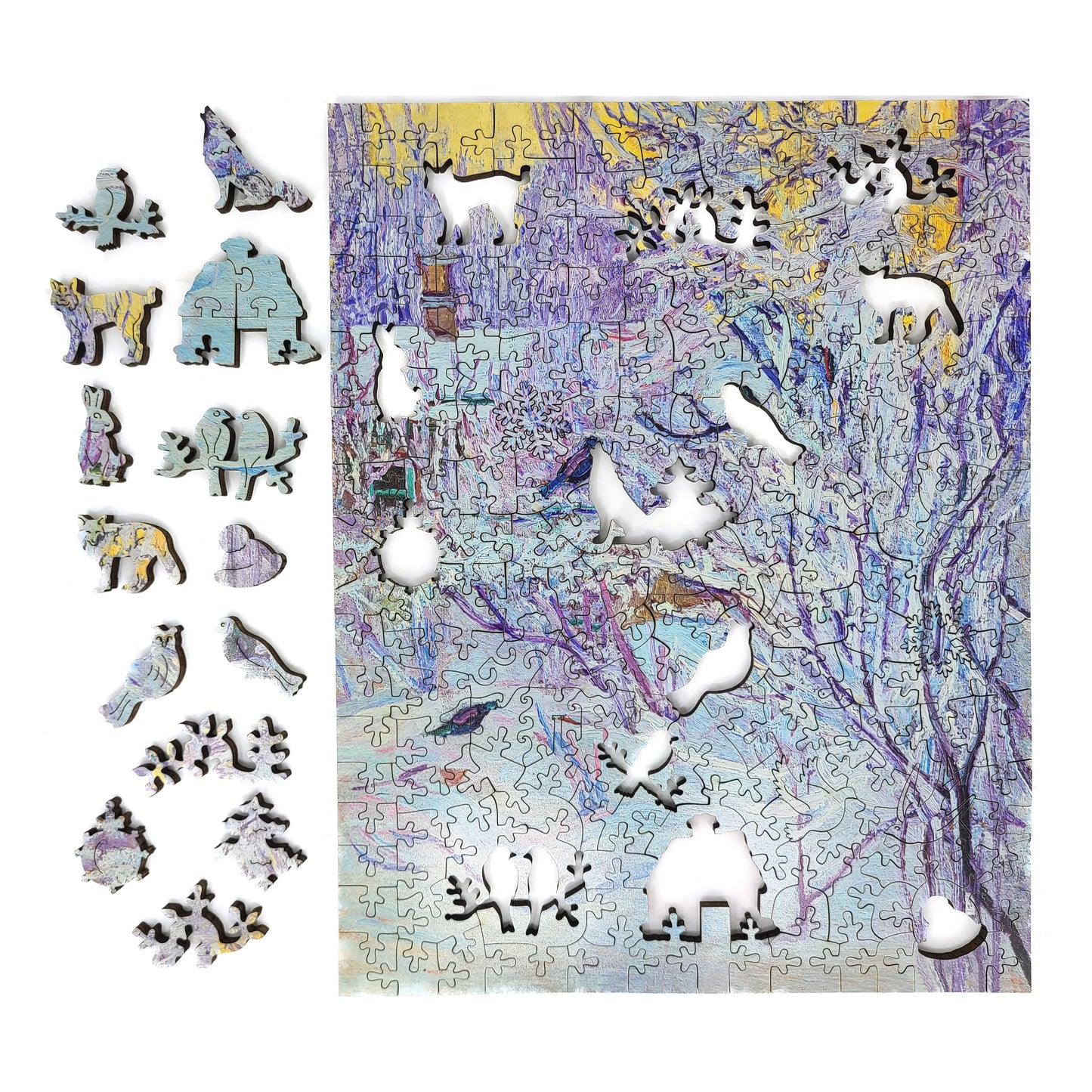 Wooden Jigsaw Puzzle for Adults - Uniquely Shaped Pieces  - 190 Pieces - Corner of the House and Bullfinches on the Tree. Winter
