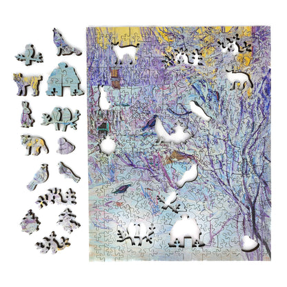Wooden Jigsaw Puzzle for Adults - Uniquely Shaped Pieces  - 190 Pieces - Corner of the House and Bullfinches on the Tree. Winter