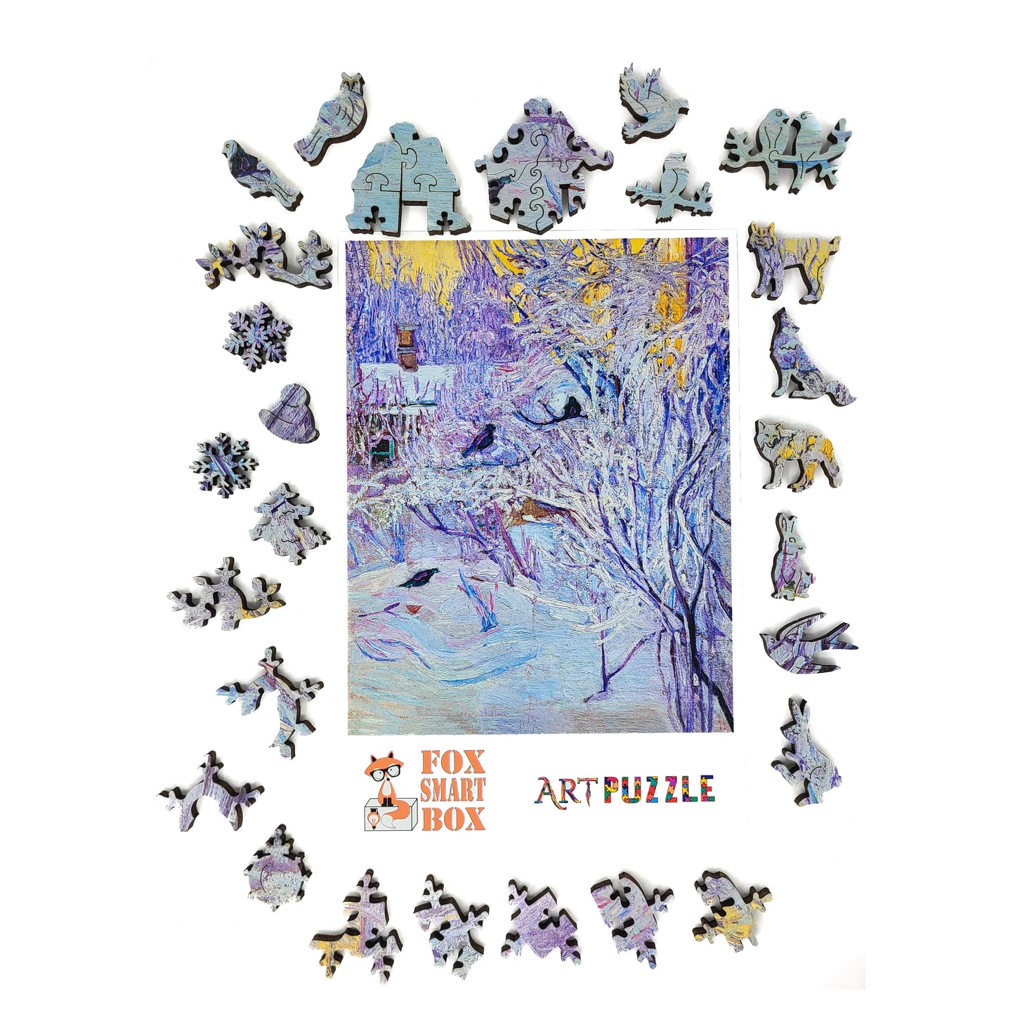 Wooden Jigsaw Puzzle for Adults - Uniquely Shaped Pieces  - 190 Pieces - Corner of the House and Bullfinches on the Tree. Winter