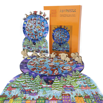 Wooden Jigsaw Puzzle for Adults - Uniquely Shaped Pieces - 340 Pieces - Santa Snow Globe