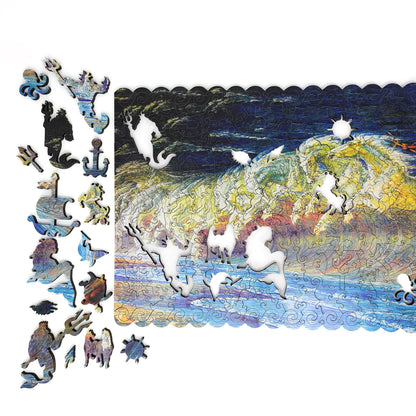 Wooden Jigsaw Puzzle with Uniquely Shaped Pieces for Adults - 390 Pieces - Neptune's Horses