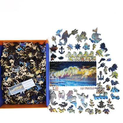 Wooden Jigsaw Puzzle with Uniquely Shaped Pieces for Adults - 390 Pieces - Neptune's Horses