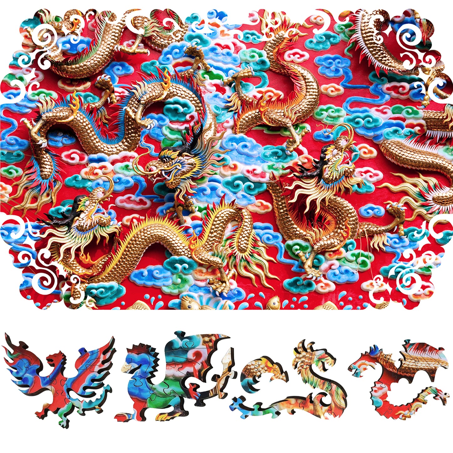Wooden Jigsaw Puzzle with Uniquely Shaped Pieces for Adults - 290 Pieces - Mystery of The Golden Dragon
