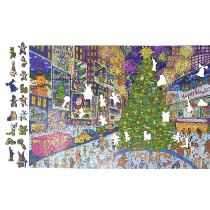 Wooden Jigsaw Puzzle for Adults - Uniquely Shaped Pieces - 465 Pieces - New York Holiday Lights