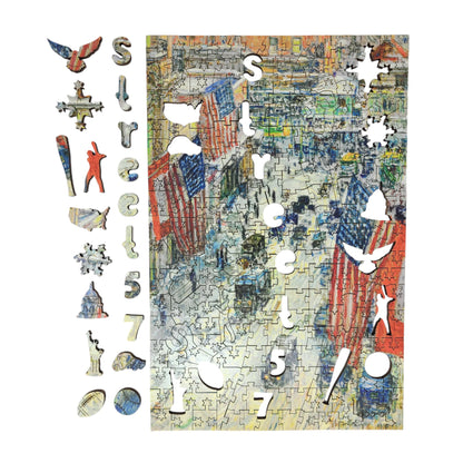 Wooden Jigsaw Puzzle for Adults - Uniquely Shaped Pieces - 215 Pieces - Flags on 57th Street, Winter