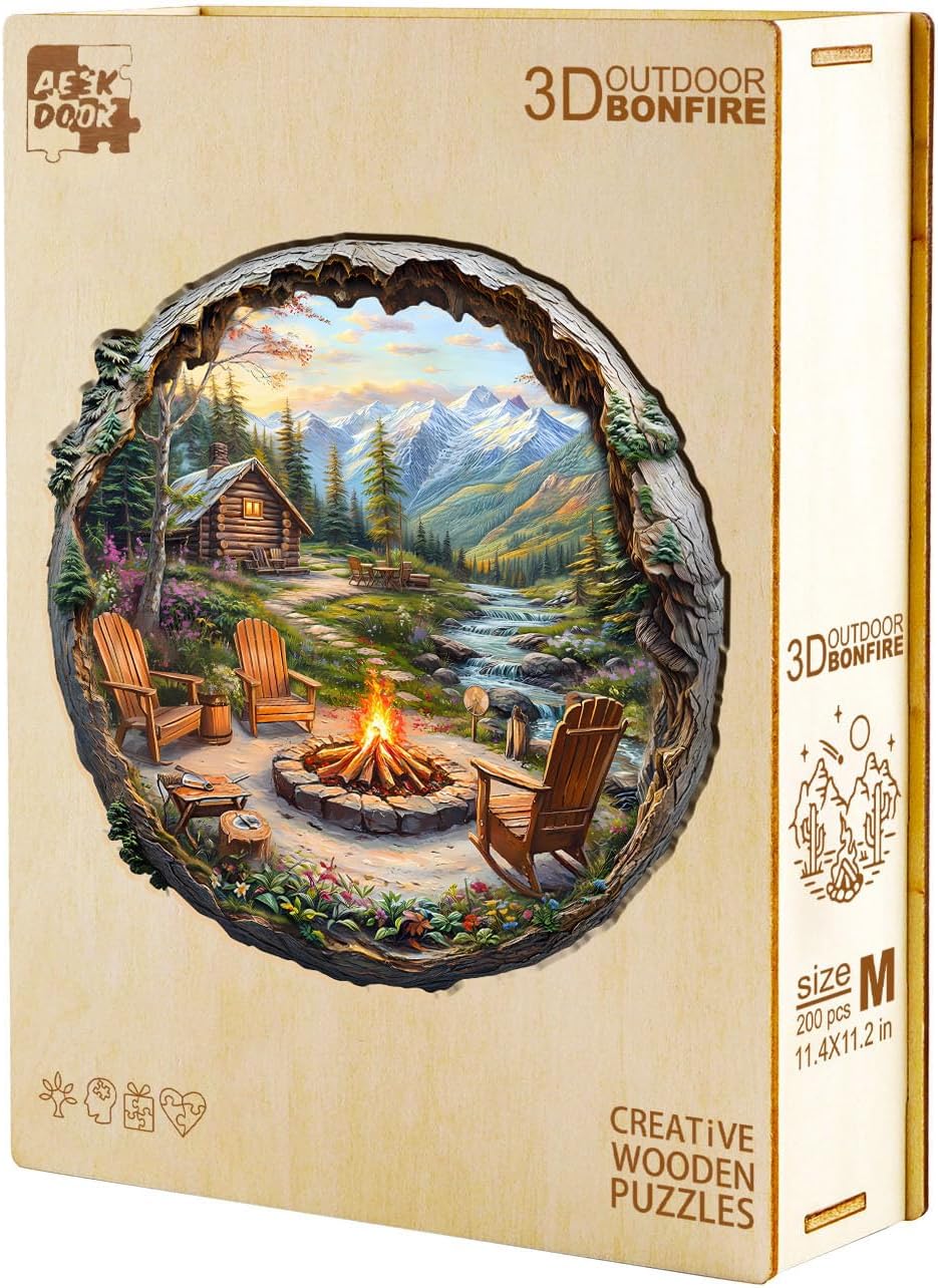 Wooden Puzzles for Adults - Mountain Outdoor Campfire Wooden Jigsaw Puzzles for Adults - Unique Irregular Pieces Wood Puzzles Adult for Relaxation (11.4 * 11.2in-200 Pcs)