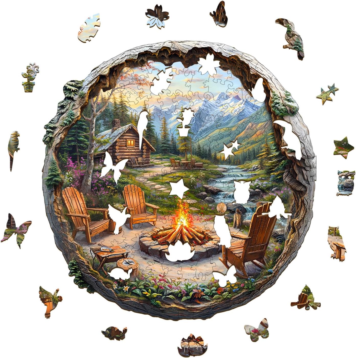 Wooden Puzzles for Adults - Mountain Outdoor Campfire Wooden Jigsaw Puzzles for Adults - Unique Irregular Pieces Wood Puzzles Adult for Relaxation (11.4 * 11.2in-200 Pcs)