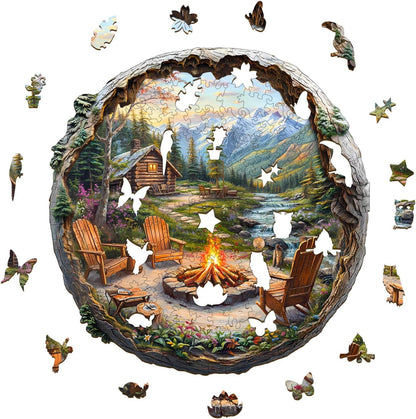 Wooden Puzzles for Adults - Mountain Outdoor Campfire Wooden Jigsaw Puzzles for Adults - Unique Irregular Pieces Wood Puzzles Adult for Relaxation (11.4 * 11.2in-200 Pcs)
