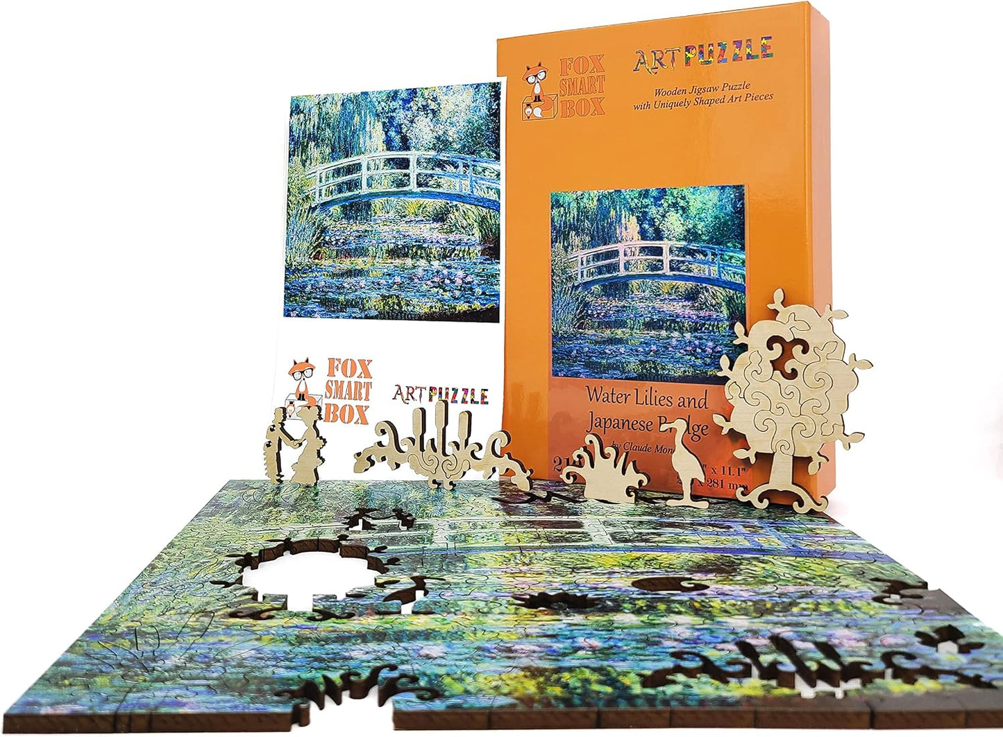 Wooden Jigsaw Puzzle for Adults - Uniquely Shaped Pieces - Made in The USA by FoxSmartBox - 210 Pieces - Water Lilies and Japanese Bridge