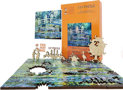Wooden Jigsaw Puzzle for Adults - Uniquely Shaped Pieces - Made in The USA by FoxSmartBox - 210 Pieces - Water Lilies and Japanese Bridge