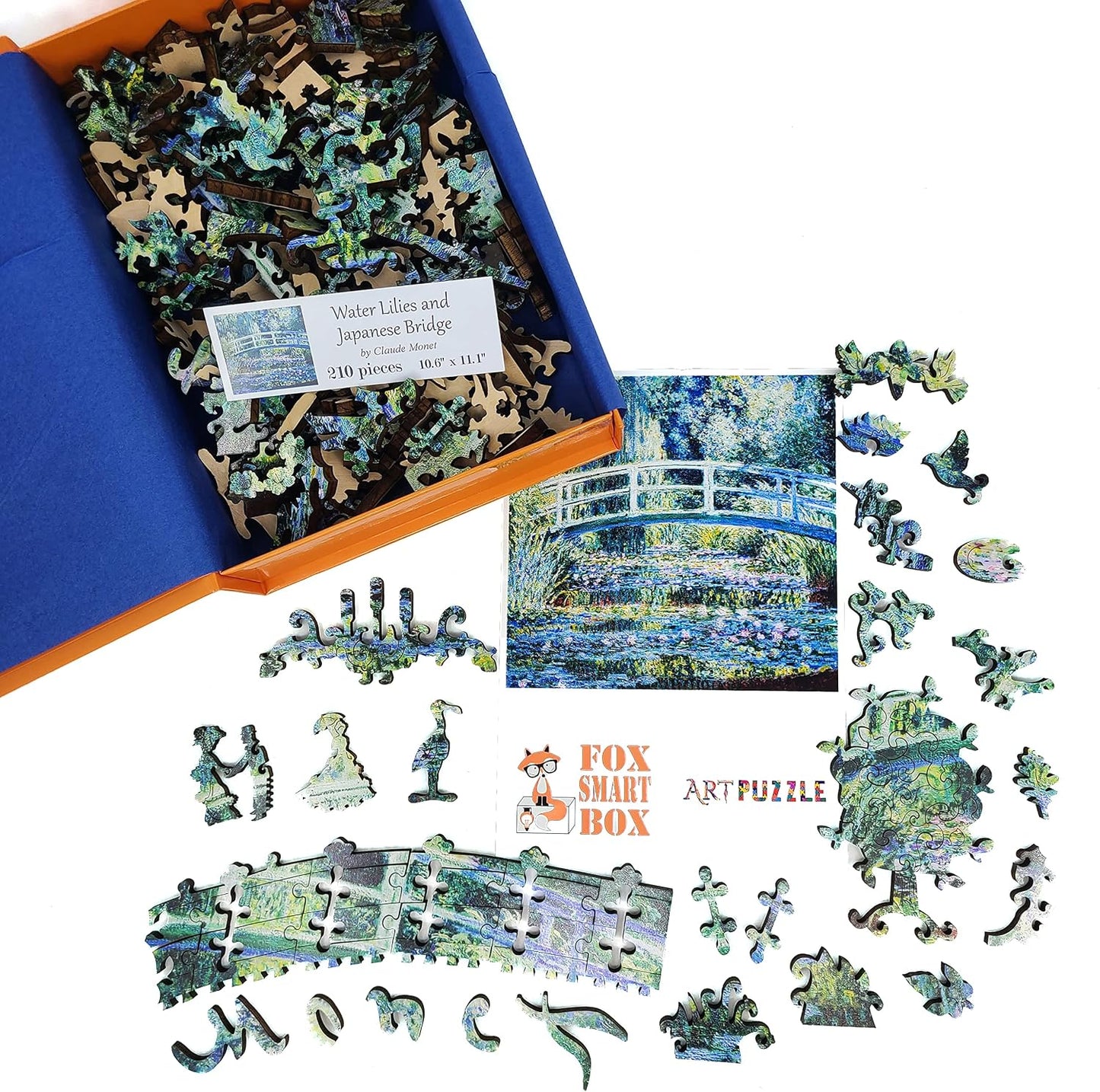 Wooden Jigsaw Puzzle for Adults - Uniquely Shaped Pieces - Made in The USA by FoxSmartBox - 210 Pieces - Water Lilies and Japanese Bridge