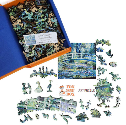 Wooden Jigsaw Puzzle for Adults - Uniquely Shaped Pieces - Made in The USA by FoxSmartBox - 210 Pieces - Water Lilies and Japanese Bridge