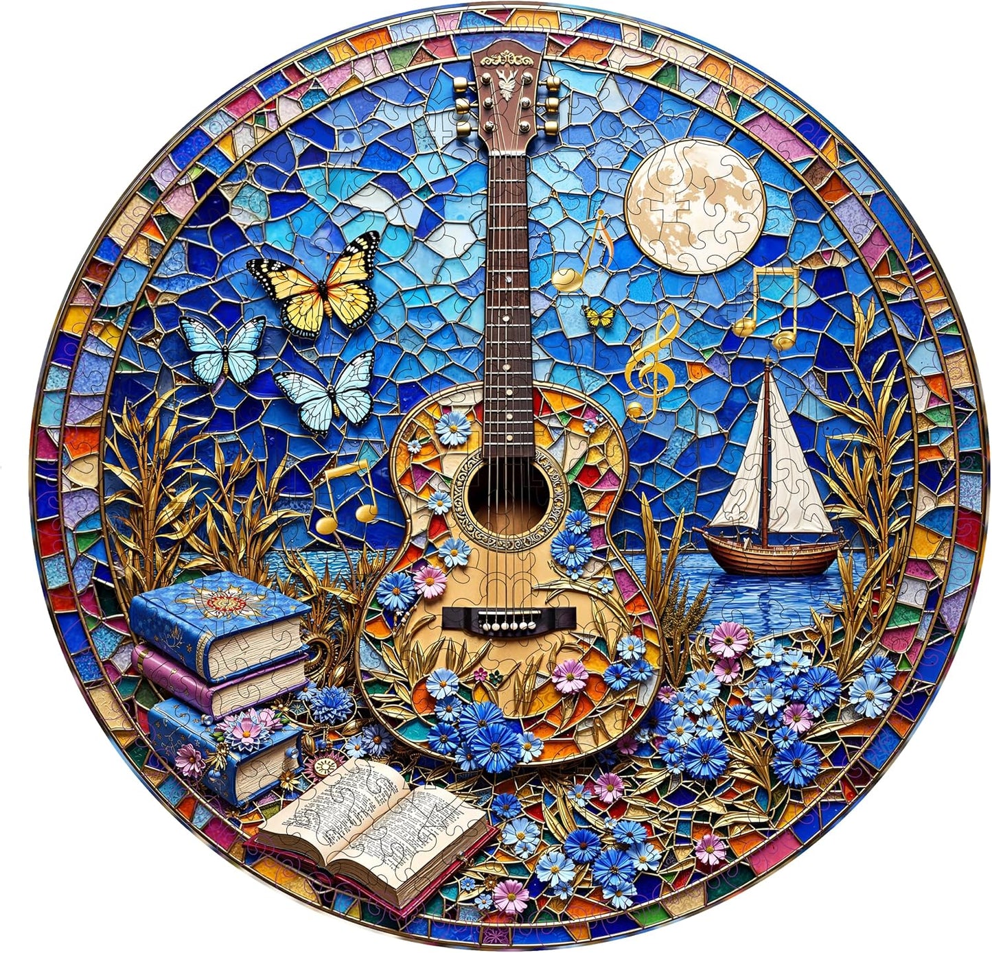 Wooden Puzzles for Adults, Stained Glass Guitar Wooden Jigsaw Puzzle for Adults, Music Books Wood Puzzles Adult, Unique Shape, Fun Presents for Friends, Wall Art Home Decor(S -8.5 * 8.4in-126 pcs)