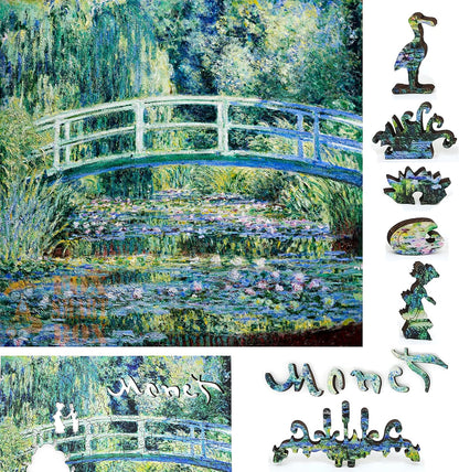 Wooden Jigsaw Puzzle for Adults - Uniquely Shaped Pieces - Made in The USA by FoxSmartBox - 210 Pieces - Water Lilies and Japanese Bridge