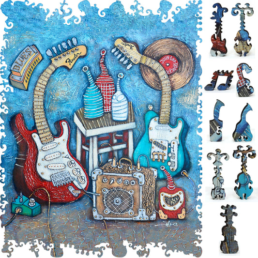 Wooden Jigsaw Puzzle with Uniquely Shaped Pieces for Adults - 212 Pieces - Blue Bottle Blues