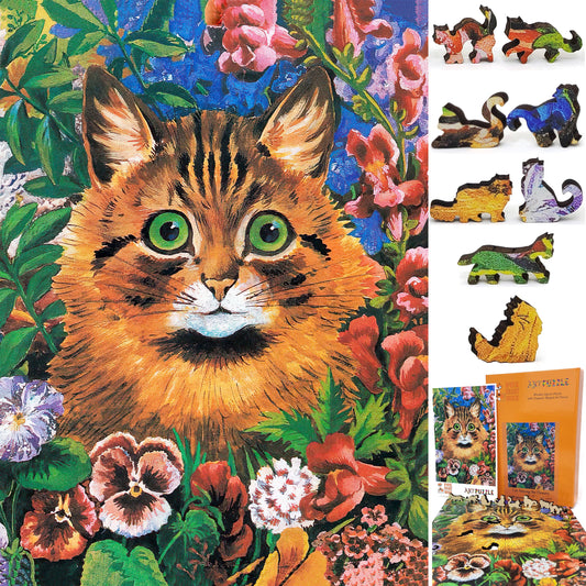 Large Format Wooden Jigsaw Puzzle with Uniquely Shaped Pieces for Seniors and Adults - 240 Pieces - Cat Among the Flowers