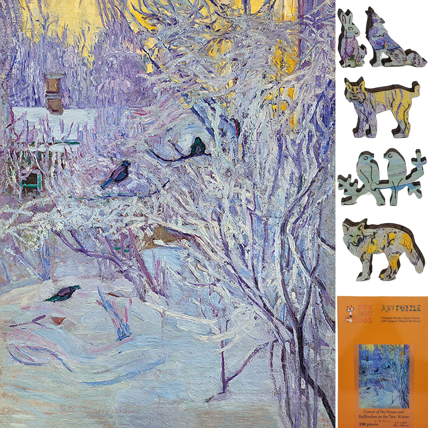 Wooden Jigsaw Puzzle for Adults - Uniquely Shaped Pieces  - 190 Pieces - Corner of the House and Bullfinches on the Tree. Winter
