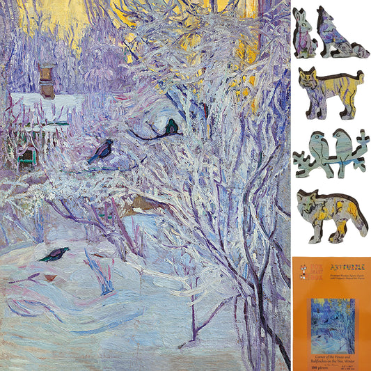 Wooden Jigsaw Puzzle for Adults - Uniquely Shaped Pieces  - 190 Pieces - Corner of the House and Bullfinches on the Tree. Winter