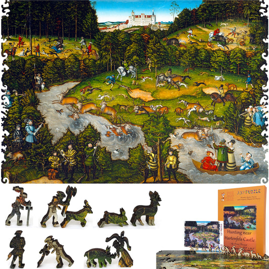 Wooden Jigsaw Puzzle with Uniquely Shaped Pieces for Adults - 485 Pieces - Hunting near Hartenfels Castle