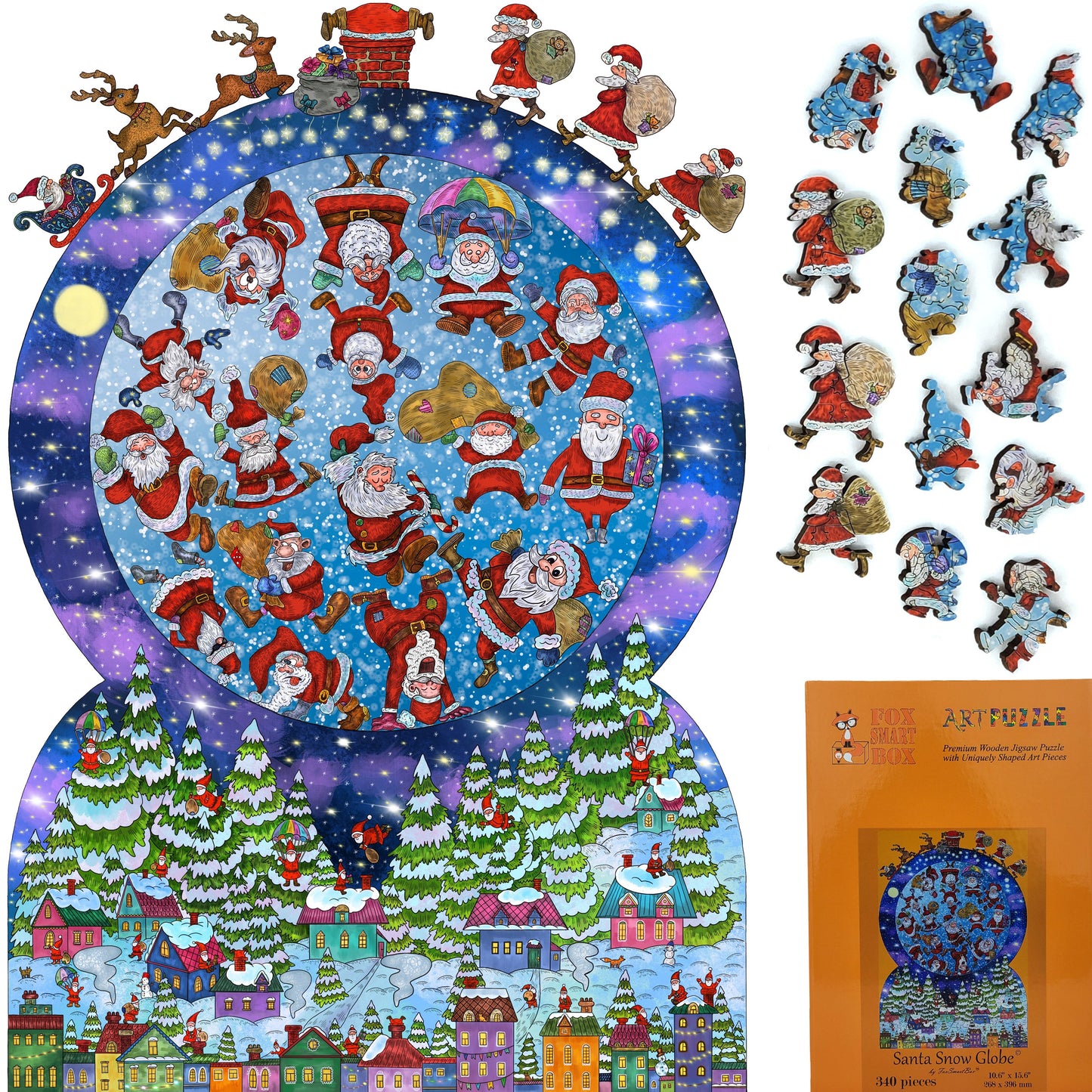 Wooden Jigsaw Puzzle for Adults - Uniquely Shaped Pieces - 340 Pieces - Santa Snow Globe