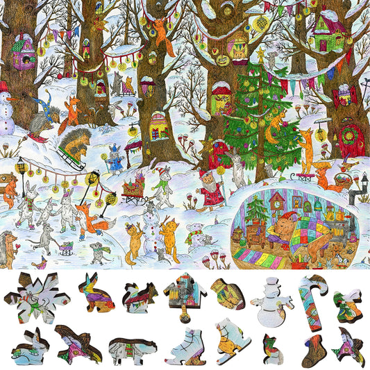 Large Format Wooden Jigsaw Puzzle for Seniors and Adults - Uniquely Shaped Pieces  - 240 Pieces - Fairy Forest. Winter