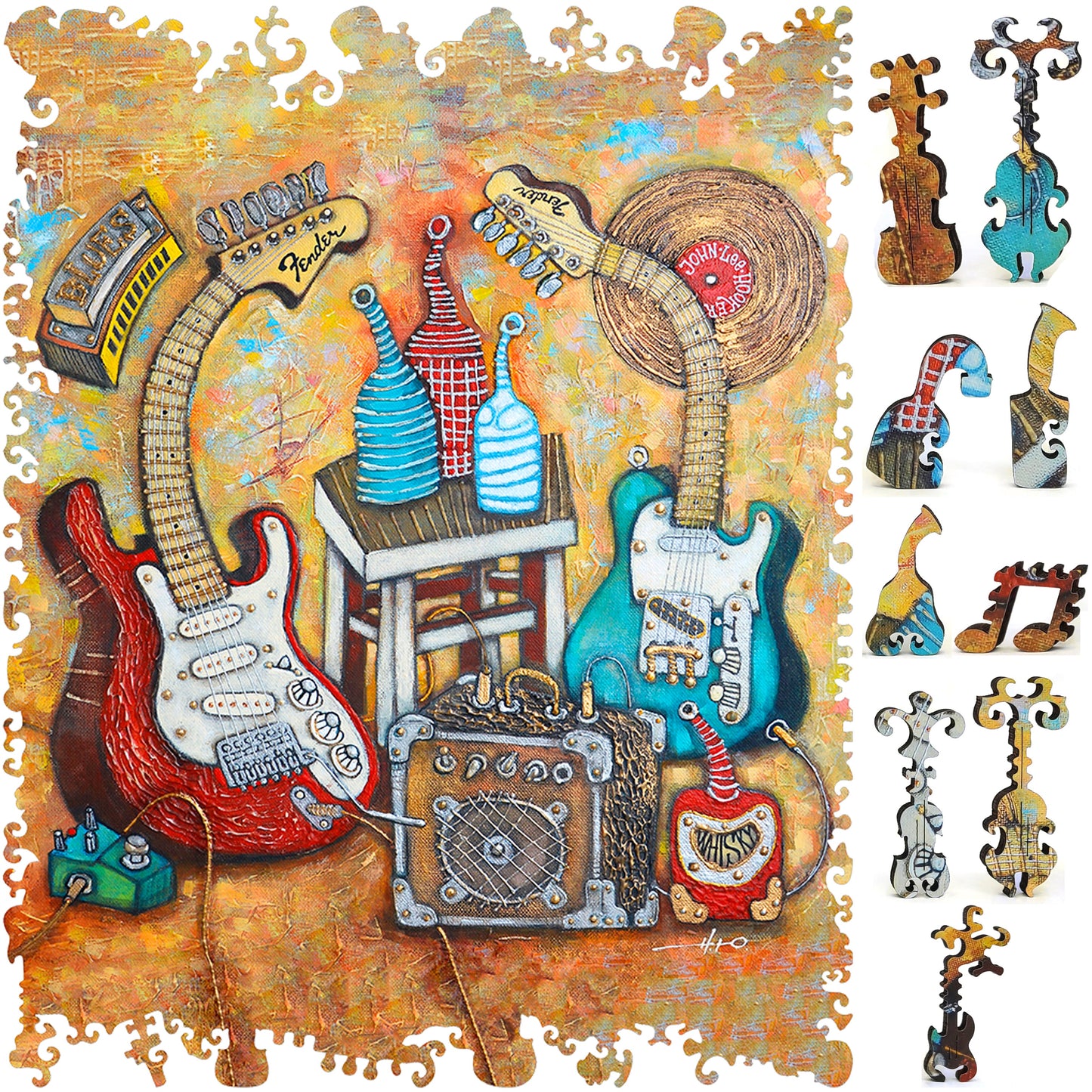 Wooden Jigsaw Puzzle with Uniquely Shaped Pieces for Adults - 212 Pieces - Yellow Bottle Blues