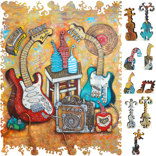 Wooden Jigsaw Puzzle with Uniquely Shaped Pieces for Adults - 212 Pieces - Yellow Bottle Blues