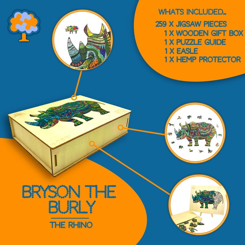 Wooden Jigsaw Puzzle in the UK - XL 259 Piece (38x22cm) – Rhino Wooden Jigsaw for Adults Presented in Wooden Gift Box by The Puzzled Tree