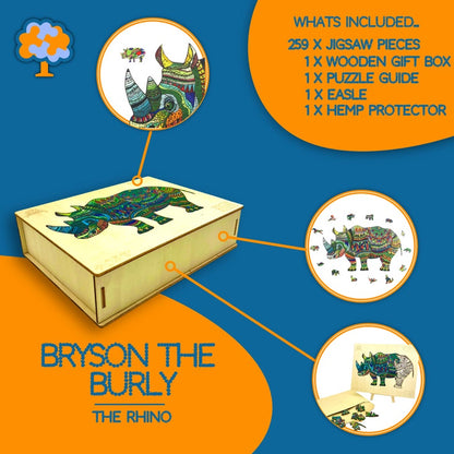 Wooden Jigsaw Puzzle in the UK - XL 259 Piece (38x22cm) – Rhino Wooden Jigsaw for Adults Presented in Wooden Gift Box by The Puzzled Tree