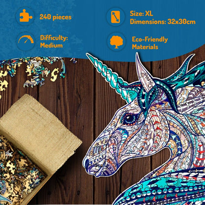Wooden Jigsaw Puzzle XL 250 Piece (32x30cm) – Unicorn Wooden Jigsaw for Adults Presented in Wooden Gift Box by The Puzzled Tree
