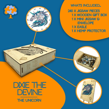 Wooden Jigsaw Puzzle XL 250 Piece (32x30cm) – Unicorn Wooden Jigsaw for Adults Presented in Wooden Gift Box by The Puzzled Tree