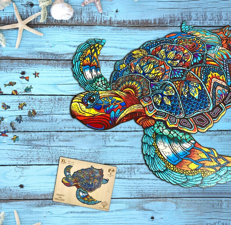 Wooden Jigsaw Puzzle XL 300 Piece (38x32.2cm) – Turtle Wooden Jigsaw for Adults Presented in Wooden Gift Box by The Puzzled Tree